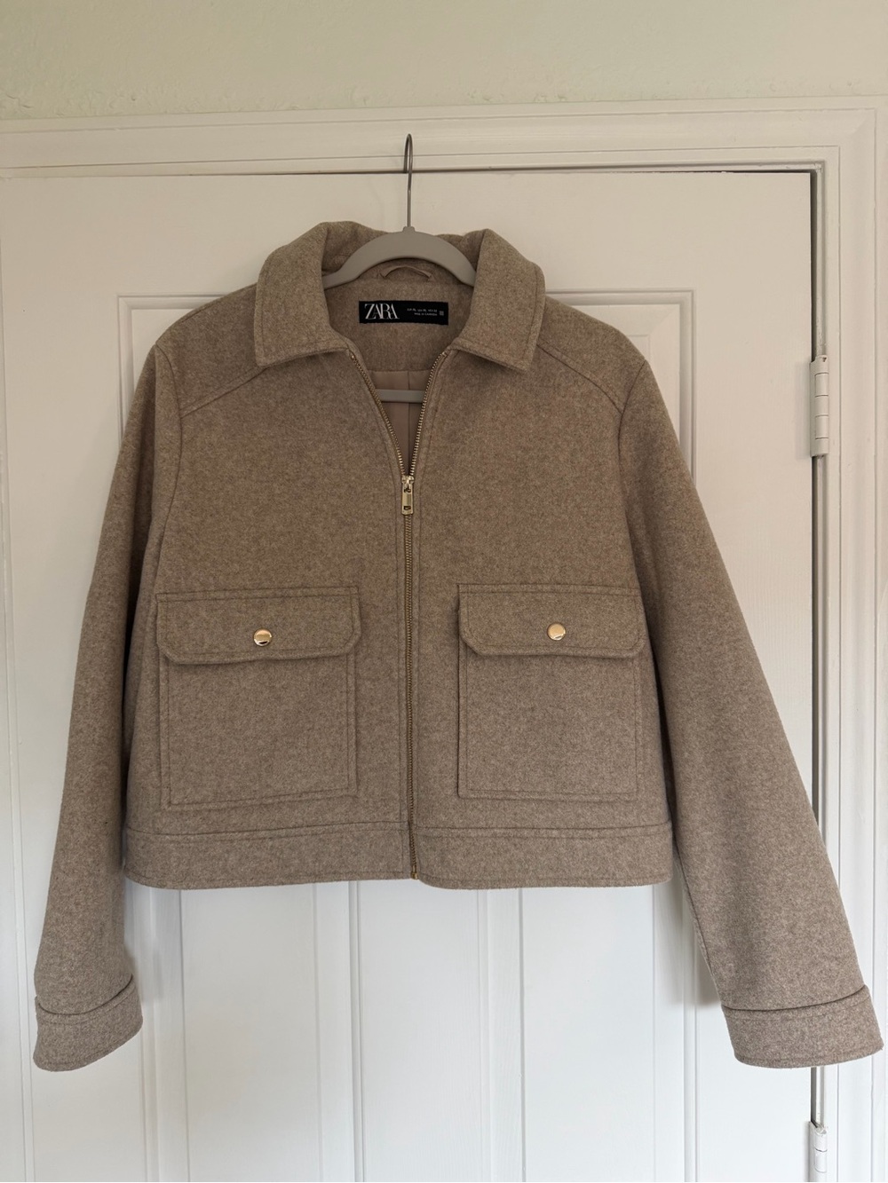 ZARA Taupe Cropped Utility Jacket with Gold Hardware